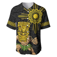 Hawaii and Philippines Together Baseball Jersey Warrior Tiki Mask and Filipino Sun Polynesian Style LT03 Black - Polynesian Pride