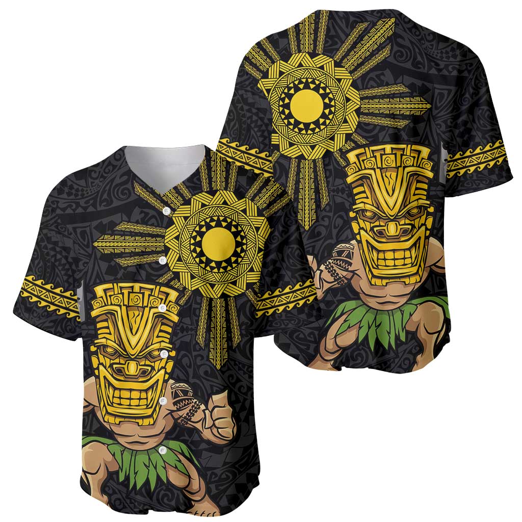 Hawaii and Philippines Together Baseball Jersey Warrior Tiki Mask and Filipino Sun Polynesian Style LT03 - Polynesian Pride