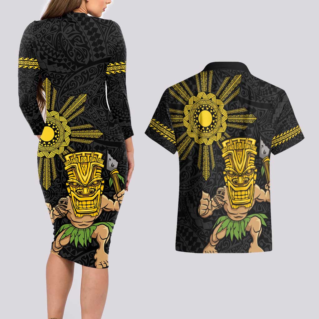 Hawaii and Philippines Together Couples Matching Long Sleeve Bodycon Dress and Hawaiian Shirt Warrior Tiki Mask and Filipino Sun Polynesian Style LT03 - Polynesian Pride