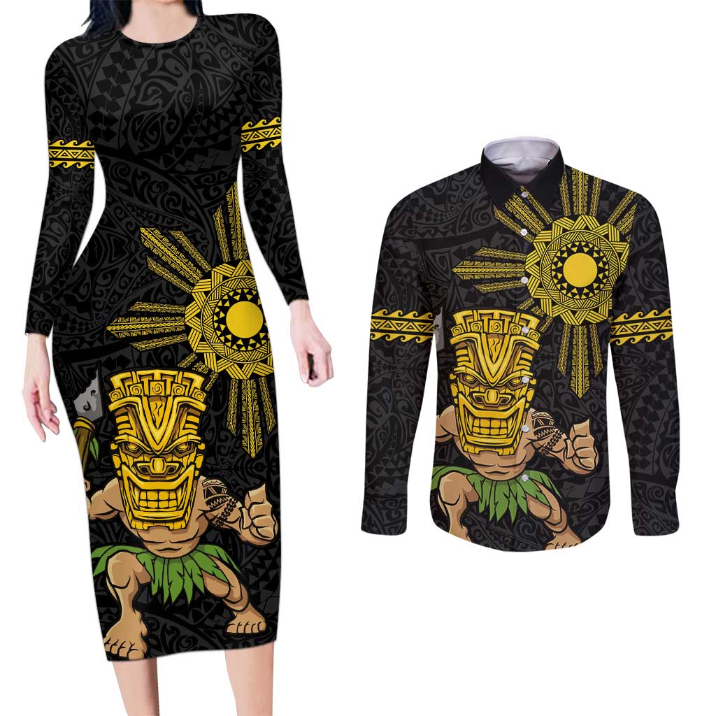 Hawaii and Philippines Together Couples Matching Long Sleeve Bodycon Dress and Long Sleeve Button Shirt Warrior Tiki Mask and Filipino Sun Polynesian Style LT03 Black - Polynesian Pride