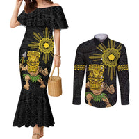 Hawaii and Philippines Together Couples Matching Mermaid Dress and Long Sleeve Button Shirt Warrior Tiki Mask and Filipino Sun Polynesian Style LT03 Black - Polynesian Pride