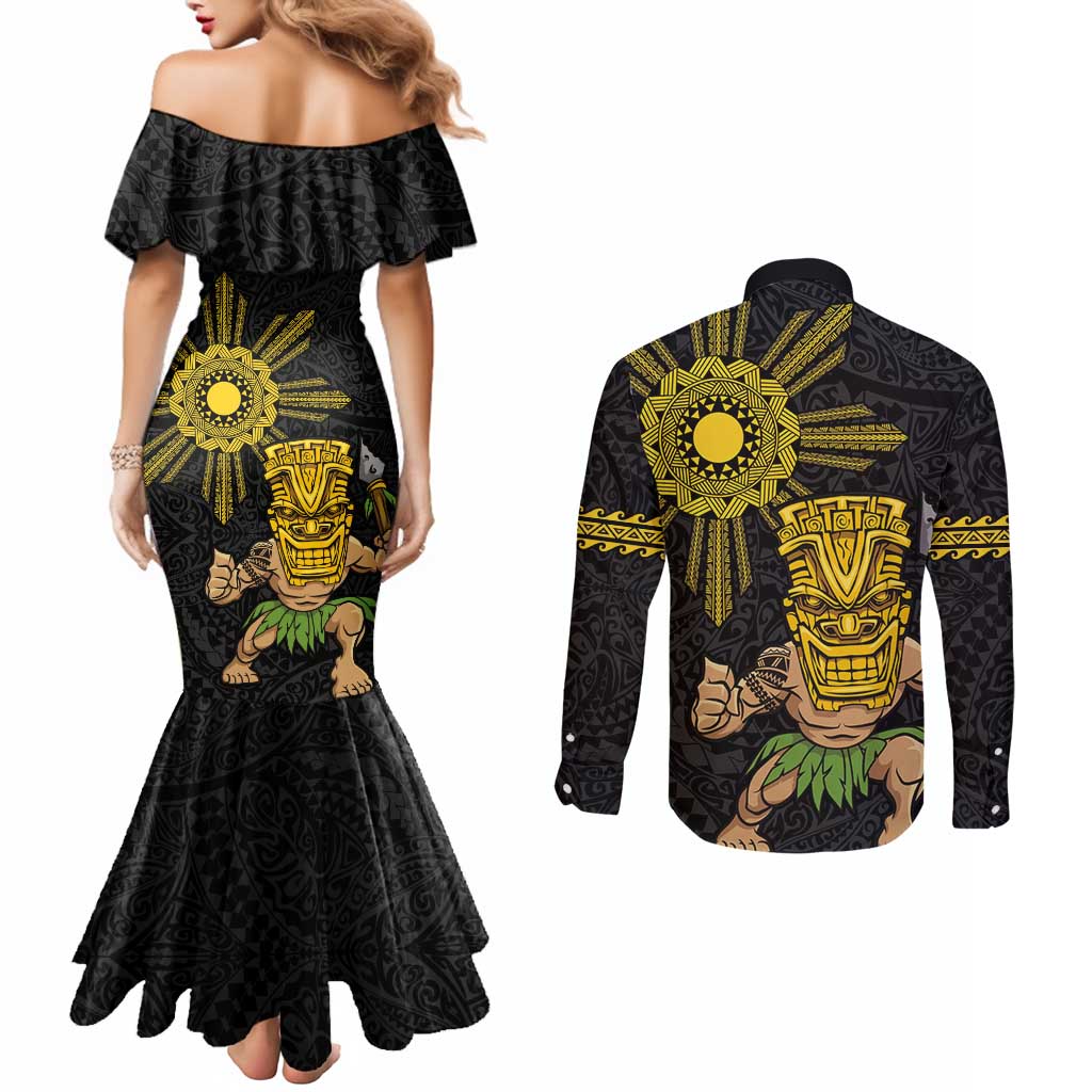 Hawaii and Philippines Together Couples Matching Mermaid Dress and Long Sleeve Button Shirt Warrior Tiki Mask and Filipino Sun Polynesian Style LT03 - Polynesian Pride