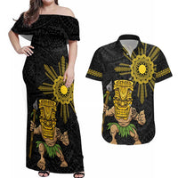 Hawaii and Philippines Together Couples Matching Off Shoulder Maxi Dress and Hawaiian Shirt Warrior Tiki Mask and Filipino Sun Polynesian Style LT03 Black - Polynesian Pride