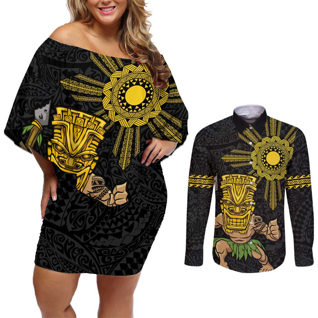 Hawaii and Philippines Together Couples Matching Off Shoulder Short Dress and Long Sleeve Button Shirt Warrior Tiki Mask and Filipino Sun Polynesian Style LT03 Black - Polynesian Pride