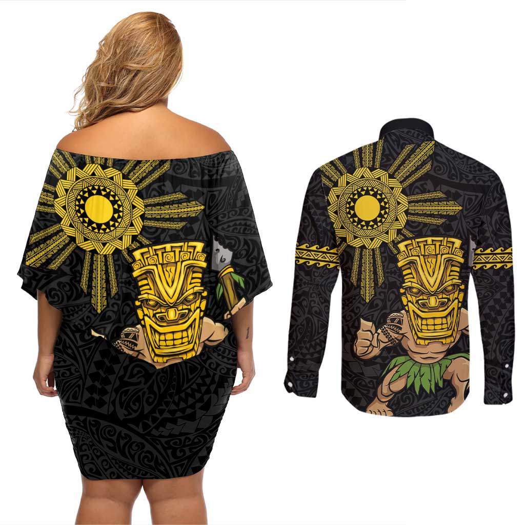 Hawaii and Philippines Together Couples Matching Off Shoulder Short Dress and Long Sleeve Button Shirt Warrior Tiki Mask and Filipino Sun Polynesian Style LT03 - Polynesian Pride