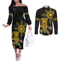 Hawaii and Philippines Together Couples Matching Off The Shoulder Long Sleeve Dress and Long Sleeve Button Shirt Warrior Tiki Mask and Filipino Sun Polynesian Style LT03 Black - Polynesian Pride