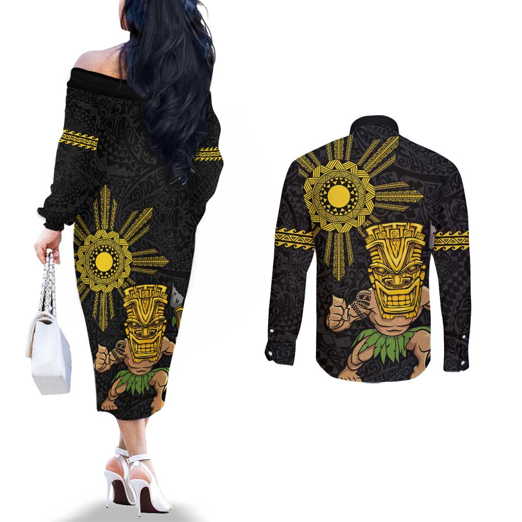 Hawaii and Philippines Together Couples Matching Off The Shoulder Long Sleeve Dress and Long Sleeve Button Shirt Warrior Tiki Mask and Filipino Sun Polynesian Style LT03 - Polynesian Pride