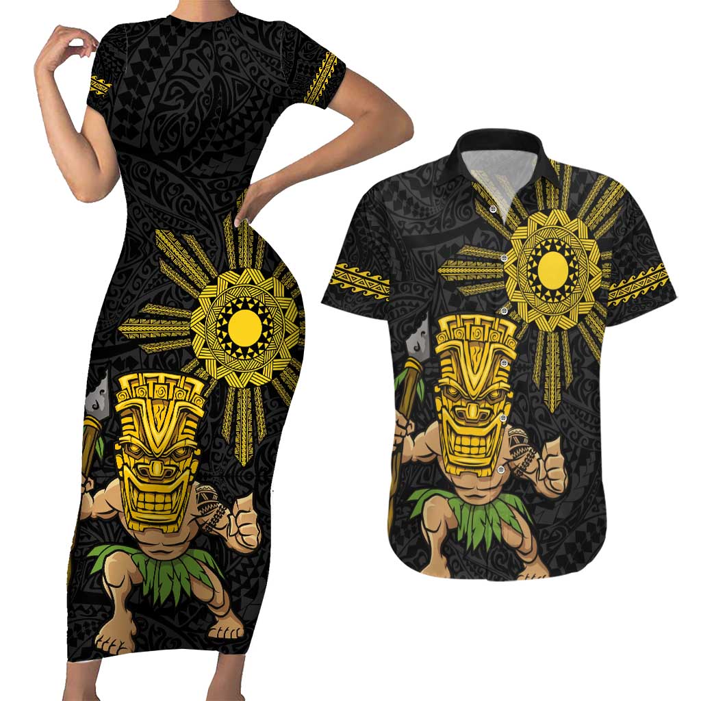 Hawaii and Philippines Together Couples Matching Short Sleeve Bodycon Dress and Hawaiian Shirt Warrior Tiki Mask and Filipino Sun Polynesian Style LT03 Black - Polynesian Pride