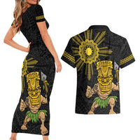 Hawaii and Philippines Together Couples Matching Short Sleeve Bodycon Dress and Hawaiian Shirt Warrior Tiki Mask and Filipino Sun Polynesian Style LT03 - Polynesian Pride