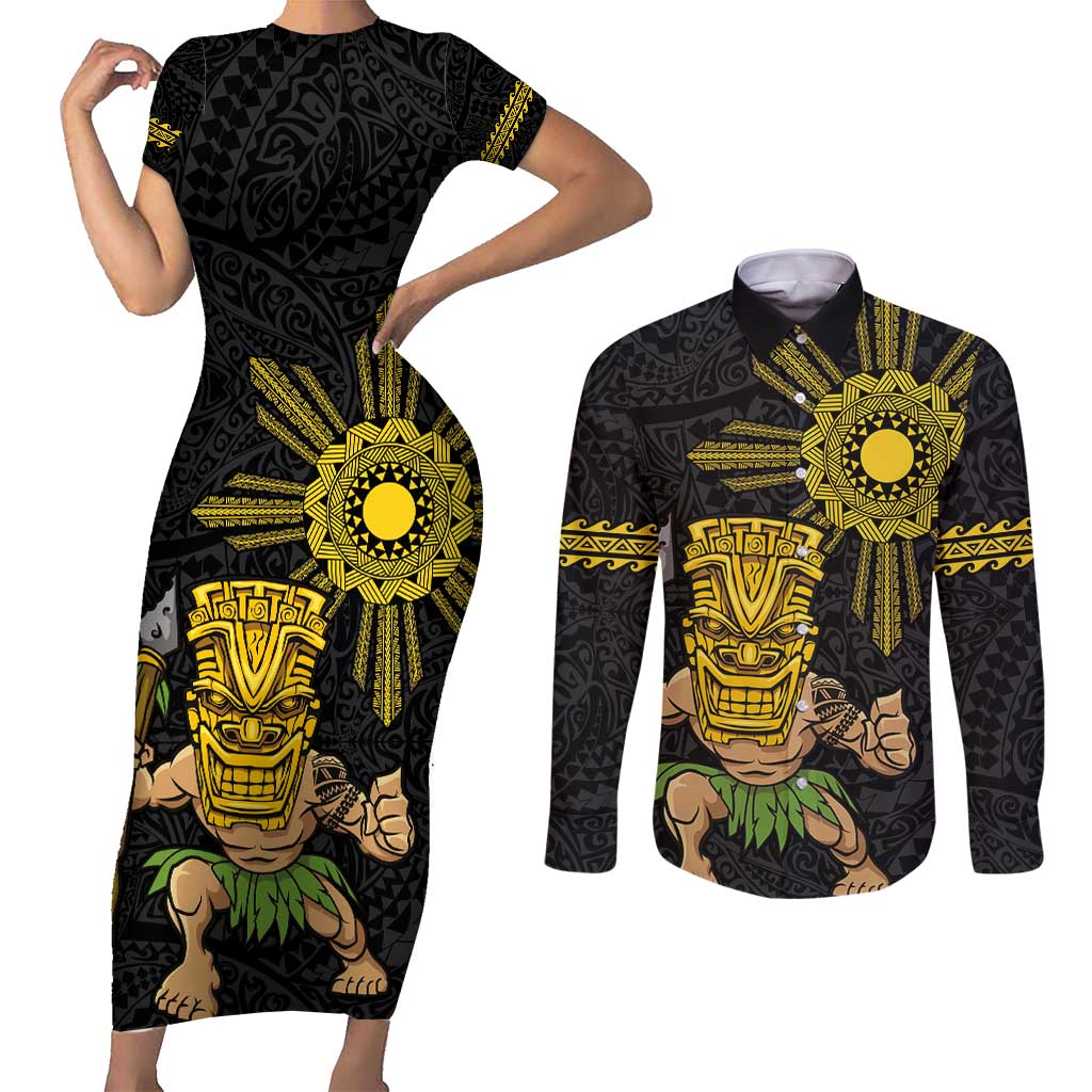 Hawaii and Philippines Together Couples Matching Short Sleeve Bodycon Dress and Long Sleeve Button Shirt Warrior Tiki Mask and Filipino Sun Polynesian Style LT03 Black - Polynesian Pride