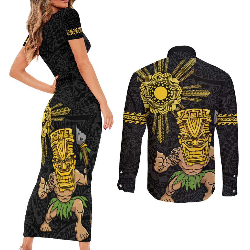 Hawaii and Philippines Together Couples Matching Short Sleeve Bodycon Dress and Long Sleeve Button Shirt Warrior Tiki Mask and Filipino Sun Polynesian Style LT03 - Polynesian Pride