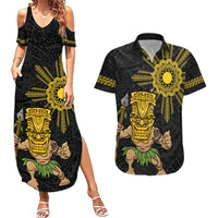 Hawaii and Philippines Together Couples Matching Summer Maxi Dress and Hawaiian Shirt Warrior Tiki Mask and Filipino Sun Polynesian Style LT03 Black - Polynesian Pride