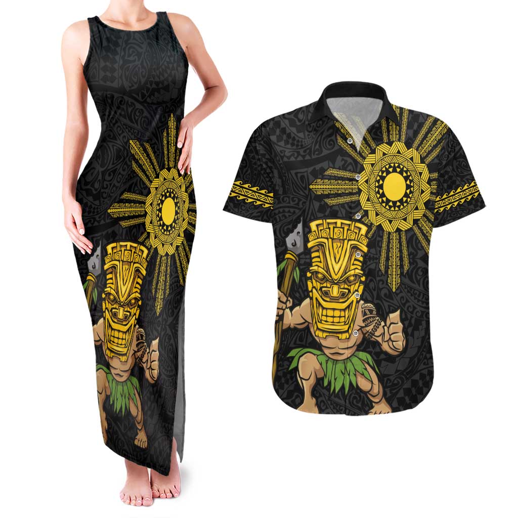 Hawaii and Philippines Together Couples Matching Tank Maxi Dress and Hawaiian Shirt Warrior Tiki Mask and Filipino Sun Polynesian Style LT03 Black - Polynesian Pride