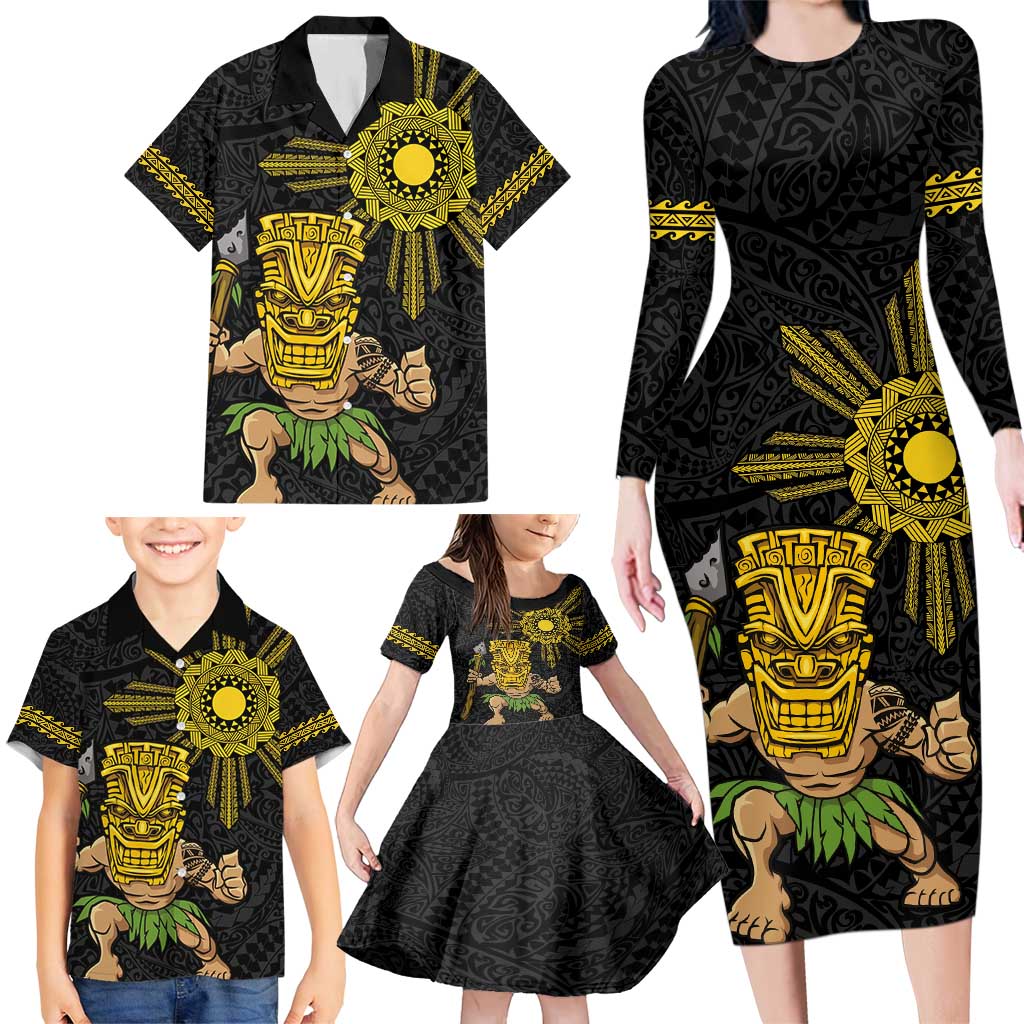 Hawaii and Philippines Together Family Matching Long Sleeve Bodycon Dress and Hawaiian Shirt Warrior Tiki Mask and Filipino Sun Polynesian Style LT03 - Polynesian Pride