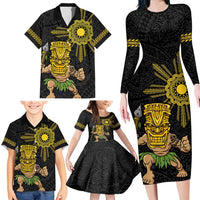 Hawaii and Philippines Together Family Matching Long Sleeve Bodycon Dress and Hawaiian Shirt Warrior Tiki Mask and Filipino Sun Polynesian Style LT03 - Polynesian Pride