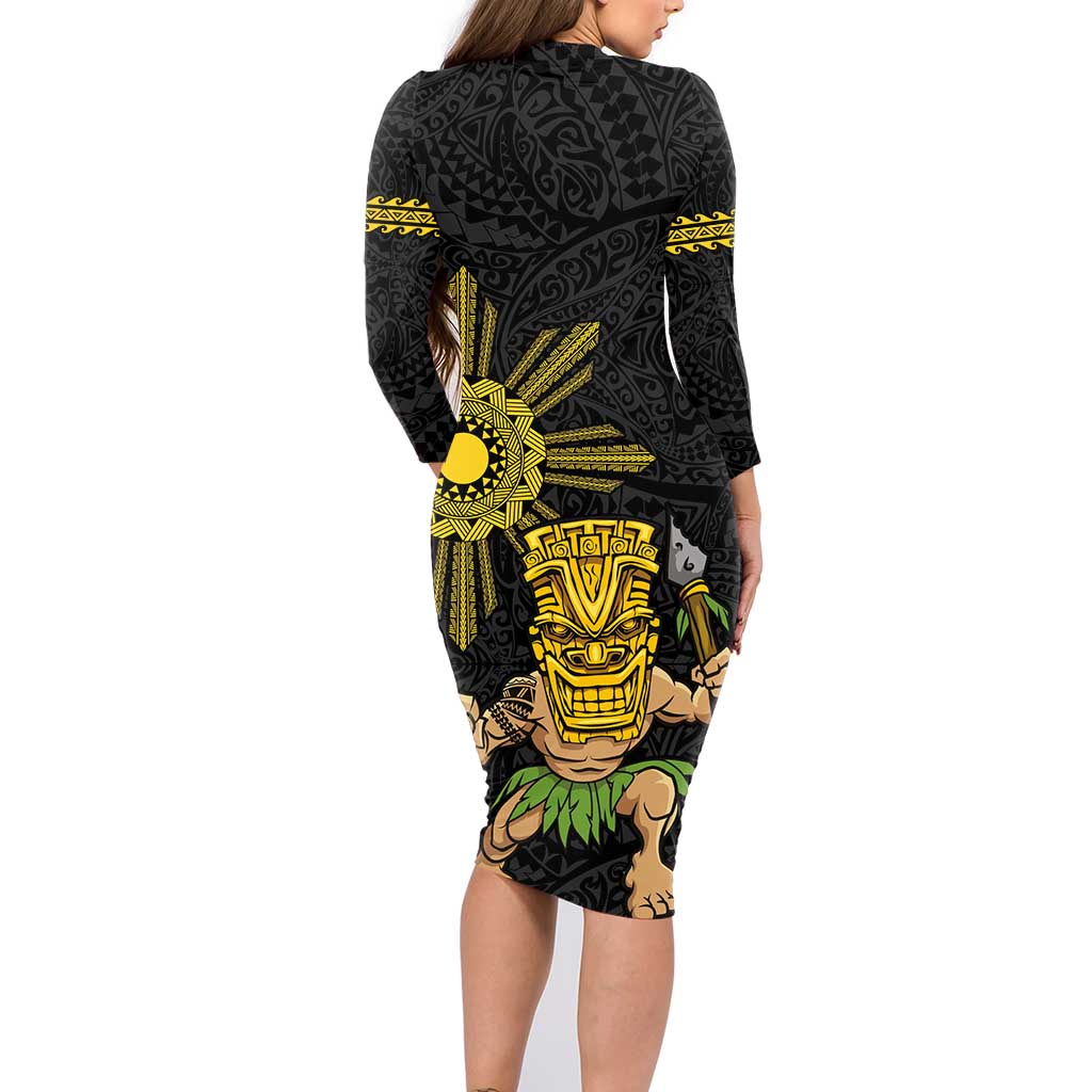 Hawaii and Philippines Together Family Matching Long Sleeve Bodycon Dress and Hawaiian Shirt Warrior Tiki Mask and Filipino Sun Polynesian Style LT03 - Polynesian Pride