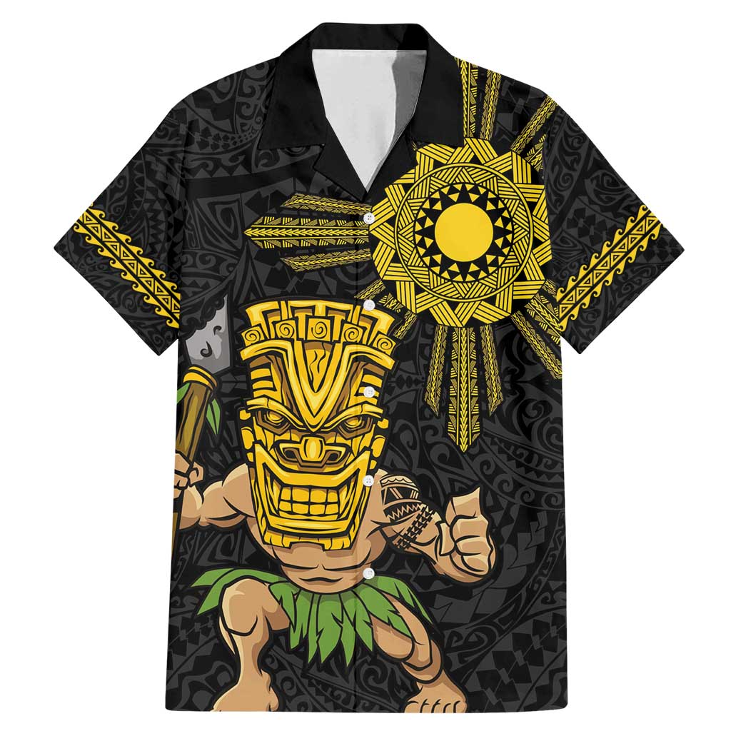 Hawaii and Philippines Together Family Matching Mermaid Dress and Hawaiian Shirt Warrior Tiki Mask and Filipino Sun Polynesian Style LT03 Dad's Shirt - Short Sleeve Black - Polynesian Pride