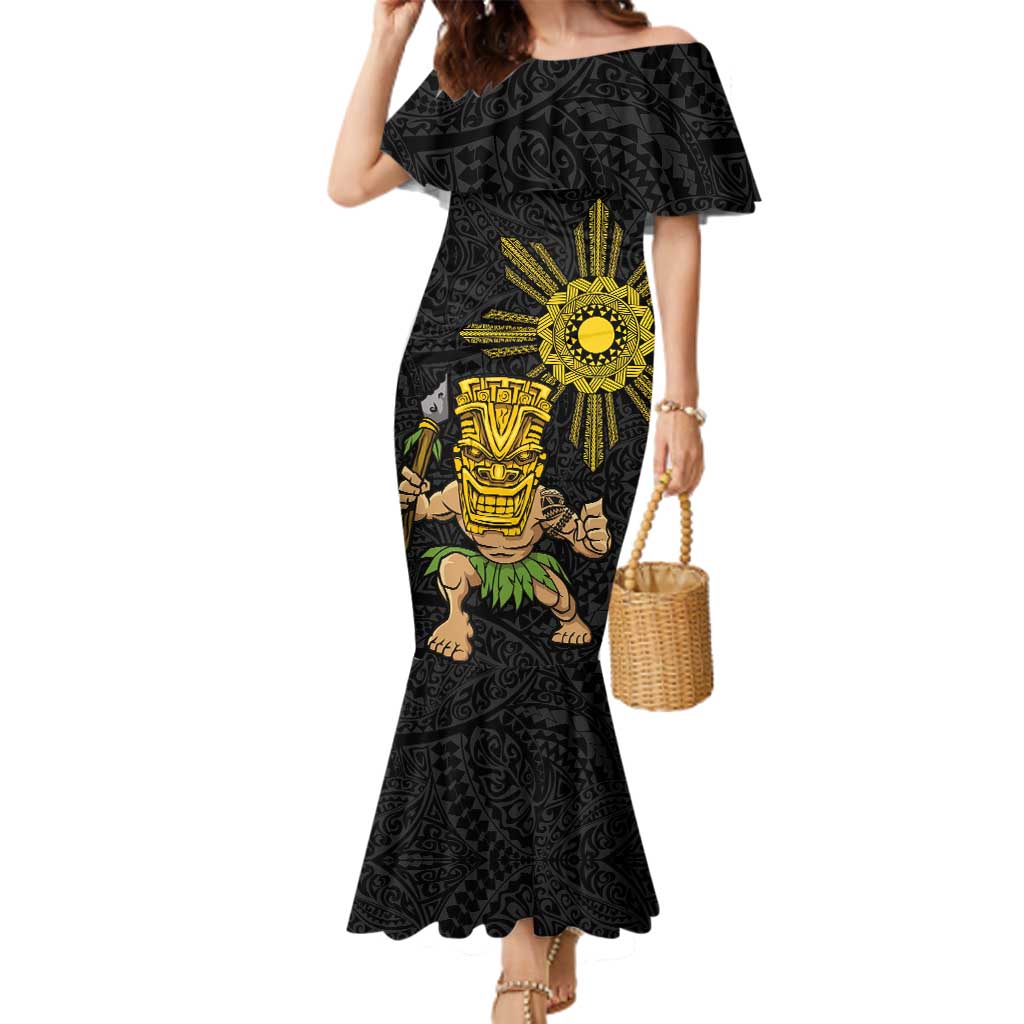 Hawaii and Philippines Together Family Matching Mermaid Dress and Hawaiian Shirt Warrior Tiki Mask and Filipino Sun Polynesian Style LT03 Mom's Dress Black - Polynesian Pride