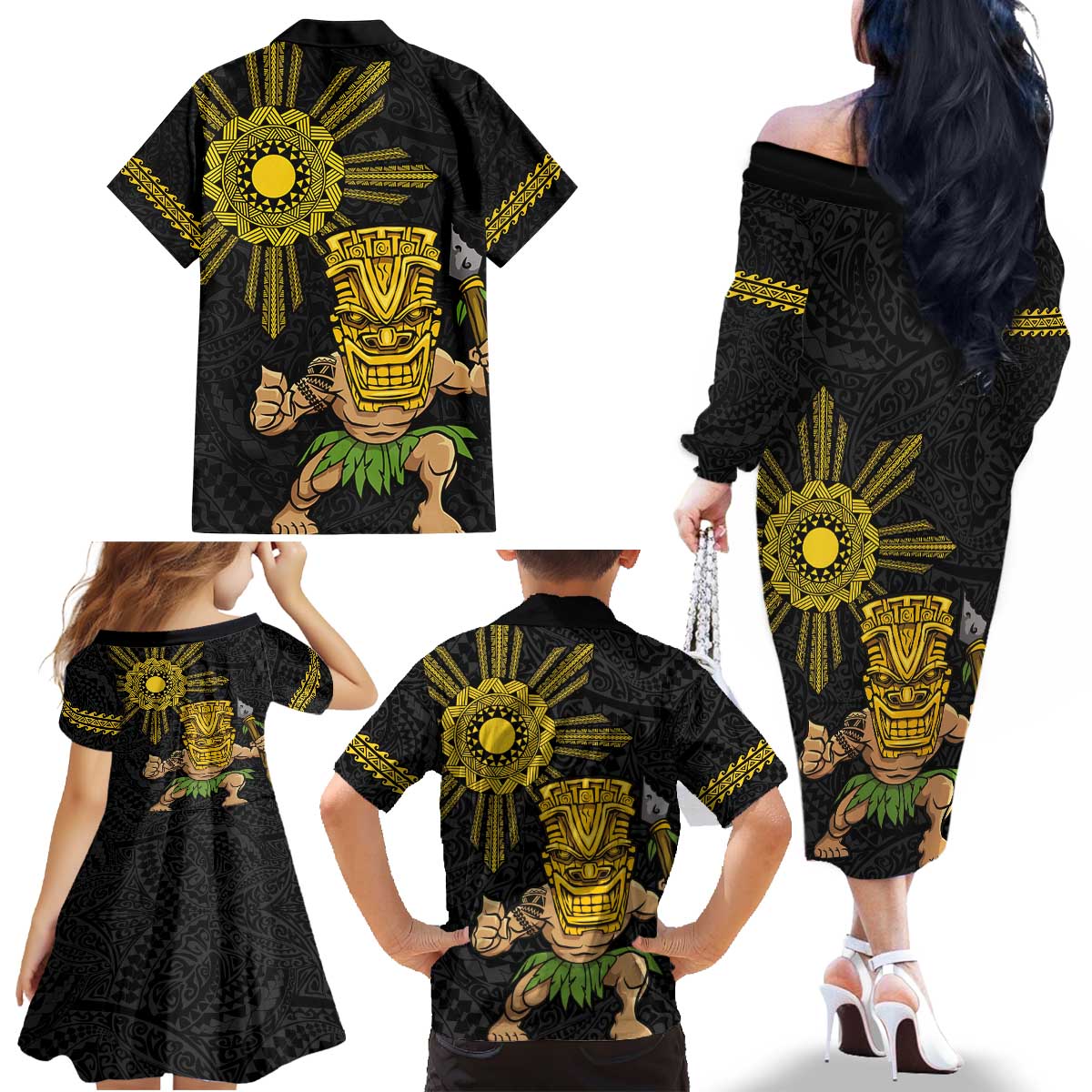 Hawaii and Philippines Together Family Matching Off The Shoulder Long Sleeve Dress and Hawaiian Shirt Warrior Tiki Mask and Filipino Sun Polynesian Style LT03 - Polynesian Pride