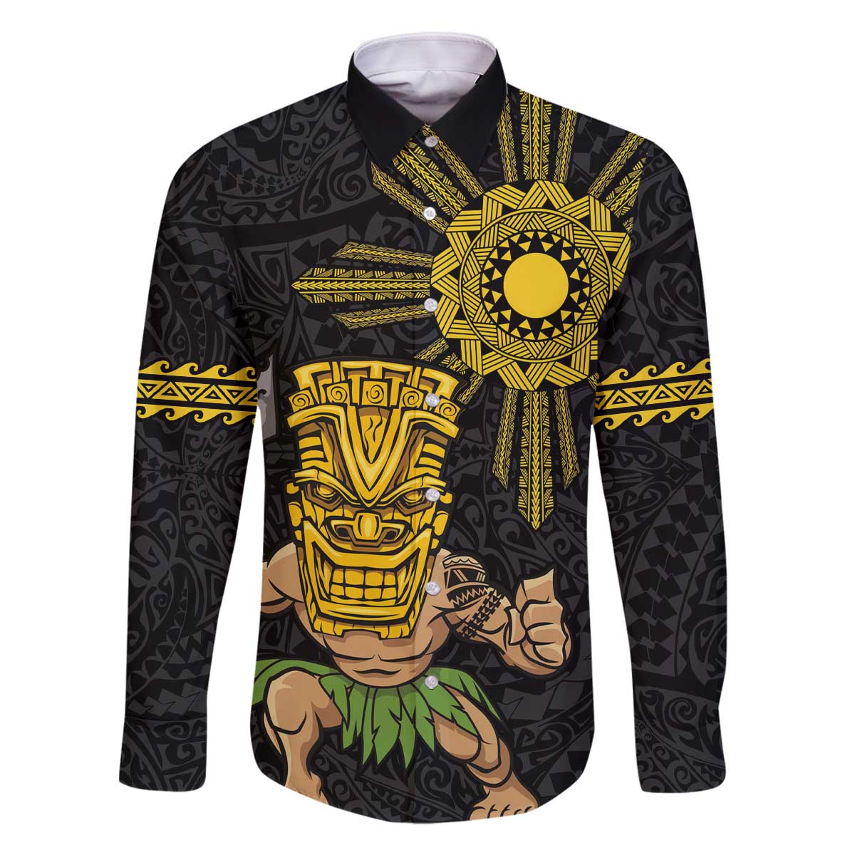 Hawaii and Philippines Together Family Matching Off The Shoulder Long Sleeve Dress and Hawaiian Shirt Warrior Tiki Mask and Filipino Sun Polynesian Style LT03 Dad's Shirt - Long Sleeve Black - Polynesian Pride