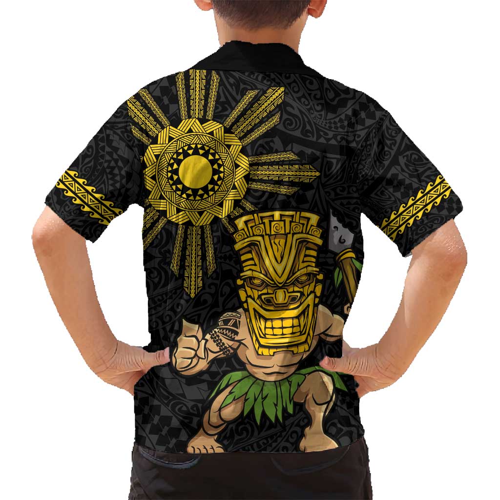 Hawaii and Philippines Together Family Matching Off Shoulder Maxi Dress and Hawaiian Shirt Warrior Tiki Mask and Filipino Sun Polynesian Style LT03 - Polynesian Pride