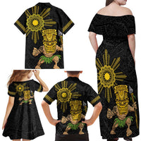 Hawaii and Philippines Together Family Matching Off Shoulder Maxi Dress and Hawaiian Shirt Warrior Tiki Mask and Filipino Sun Polynesian Style LT03 - Polynesian Pride