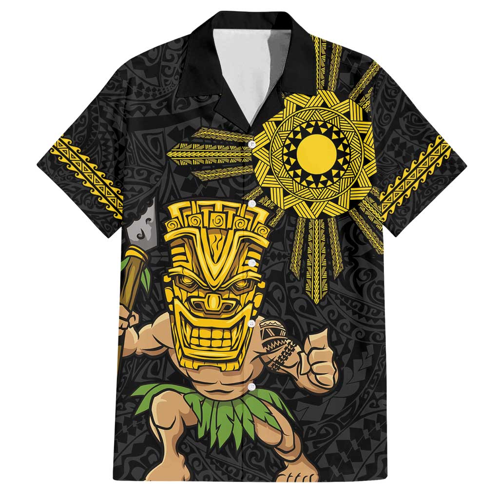 Hawaii and Philippines Together Family Matching Off Shoulder Maxi Dress and Hawaiian Shirt Warrior Tiki Mask and Filipino Sun Polynesian Style LT03 Dad's Shirt - Short Sleeve Black - Polynesian Pride