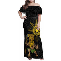 Hawaii and Philippines Together Family Matching Off Shoulder Maxi Dress and Hawaiian Shirt Warrior Tiki Mask and Filipino Sun Polynesian Style LT03 Mom's Dress Black - Polynesian Pride