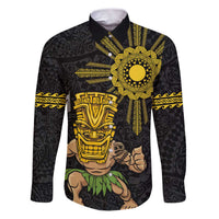 Hawaii and Philippines Together Family Matching Puletasi and Hawaiian Shirt Warrior Tiki Mask and Filipino Sun Polynesian Style LT03 Dad's Shirt - Long Sleeve Black - Polynesian Pride