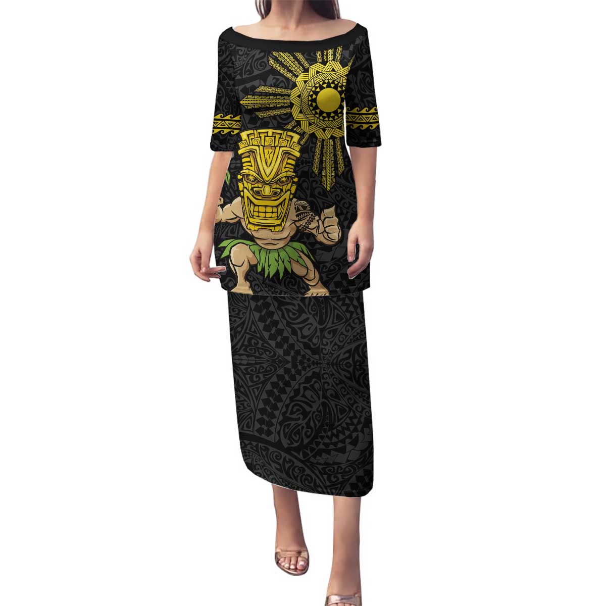 Hawaii and Philippines Together Family Matching Puletasi and Hawaiian Shirt Warrior Tiki Mask and Filipino Sun Polynesian Style LT03 Mom's Dress Black - Polynesian Pride