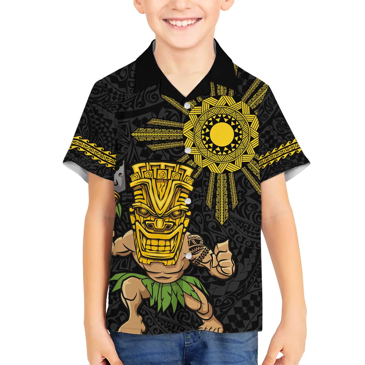 Hawaii and Philippines Together Family Matching Puletasi and Hawaiian Shirt Warrior Tiki Mask and Filipino Sun Polynesian Style LT03 Son's Shirt Black - Polynesian Pride