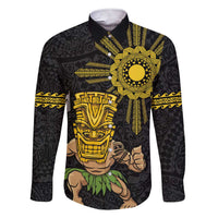 Hawaii and Philippines Together Family Matching Short Sleeve Bodycon Dress and Hawaiian Shirt Warrior Tiki Mask and Filipino Sun Polynesian Style LT03 Dad's Shirt - Long Sleeve Black - Polynesian Pride
