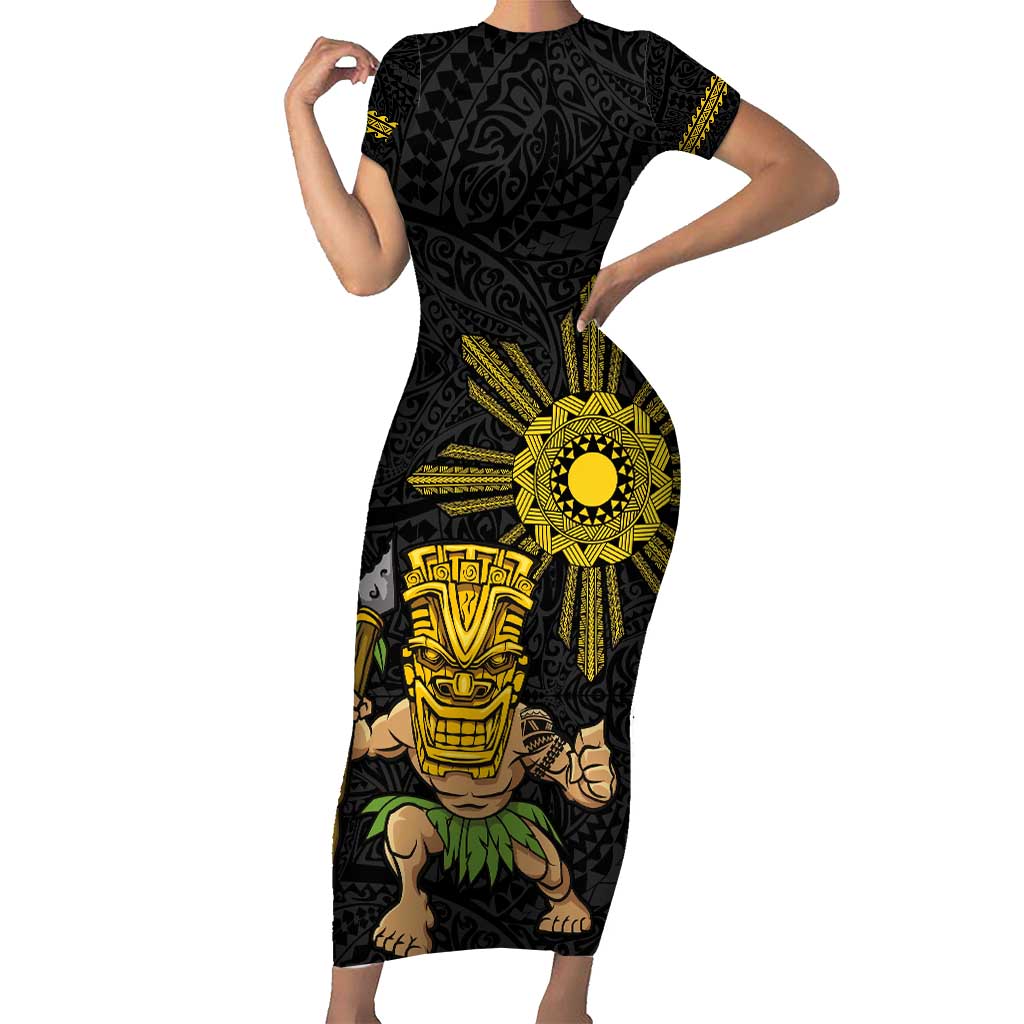 Hawaii and Philippines Together Family Matching Short Sleeve Bodycon Dress and Hawaiian Shirt Warrior Tiki Mask and Filipino Sun Polynesian Style LT03 Mom's Dress Black - Polynesian Pride