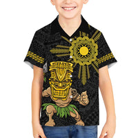 Hawaii and Philippines Together Family Matching Short Sleeve Bodycon Dress and Hawaiian Shirt Warrior Tiki Mask and Filipino Sun Polynesian Style LT03 Son's Shirt Black - Polynesian Pride