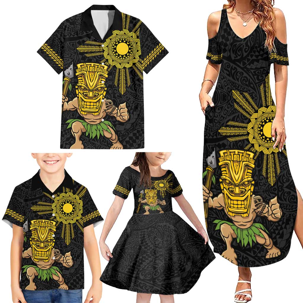Hawaii and Philippines Together Family Matching Summer Maxi Dress and Hawaiian Shirt Warrior Tiki Mask and Filipino Sun Polynesian Style LT03 - Polynesian Pride