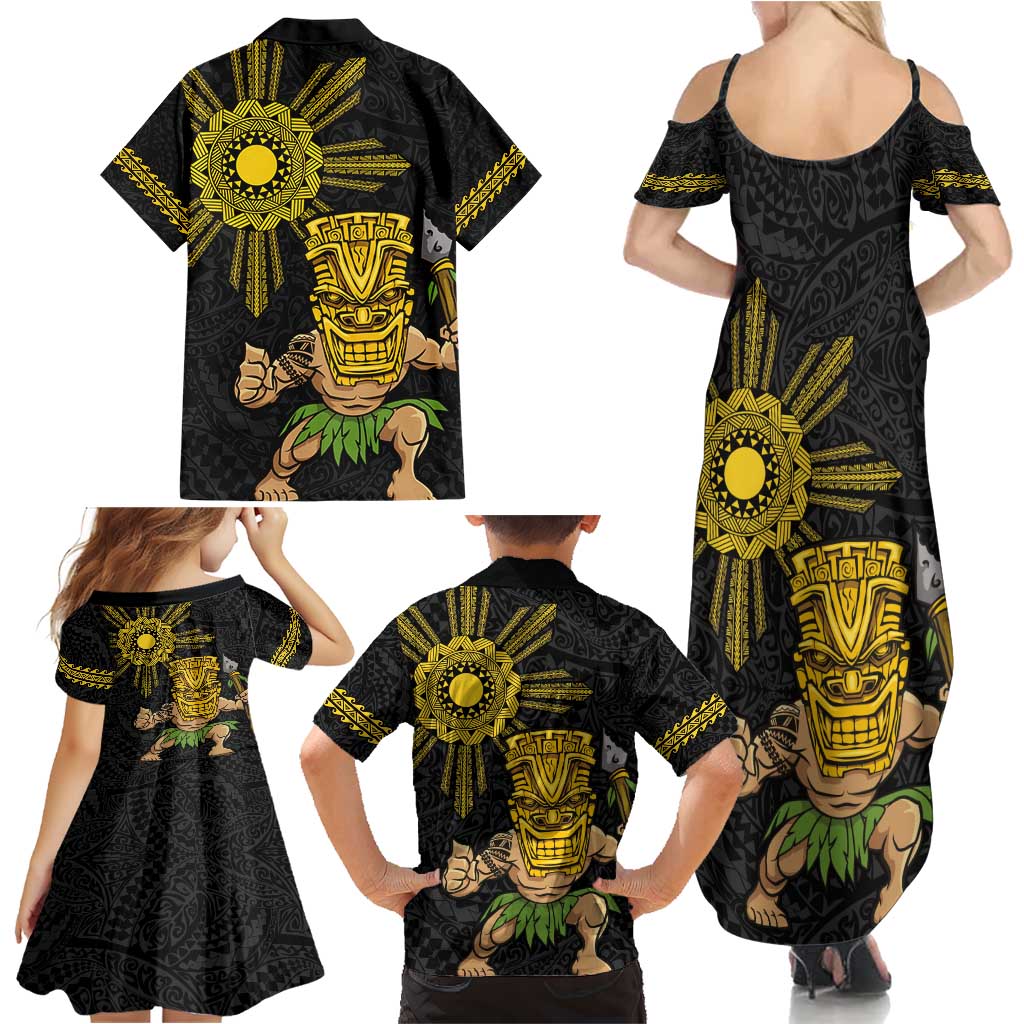 Hawaii and Philippines Together Family Matching Summer Maxi Dress and Hawaiian Shirt Warrior Tiki Mask and Filipino Sun Polynesian Style LT03 - Polynesian Pride