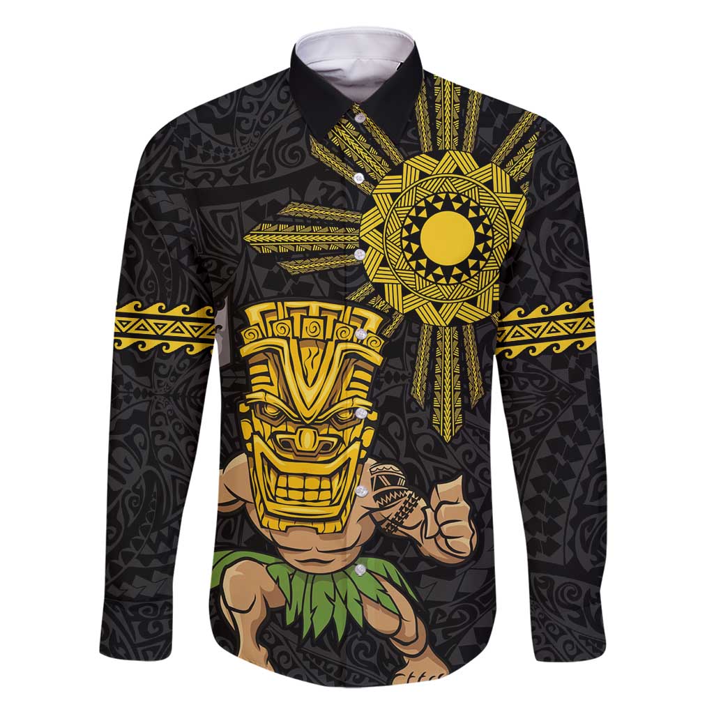 Hawaii and Philippines Together Family Matching Summer Maxi Dress and Hawaiian Shirt Warrior Tiki Mask and Filipino Sun Polynesian Style LT03 Dad's Shirt - Long Sleeve Black - Polynesian Pride