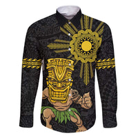 Hawaii and Philippines Together Family Matching Summer Maxi Dress and Hawaiian Shirt Warrior Tiki Mask and Filipino Sun Polynesian Style LT03 Dad's Shirt - Long Sleeve Black - Polynesian Pride