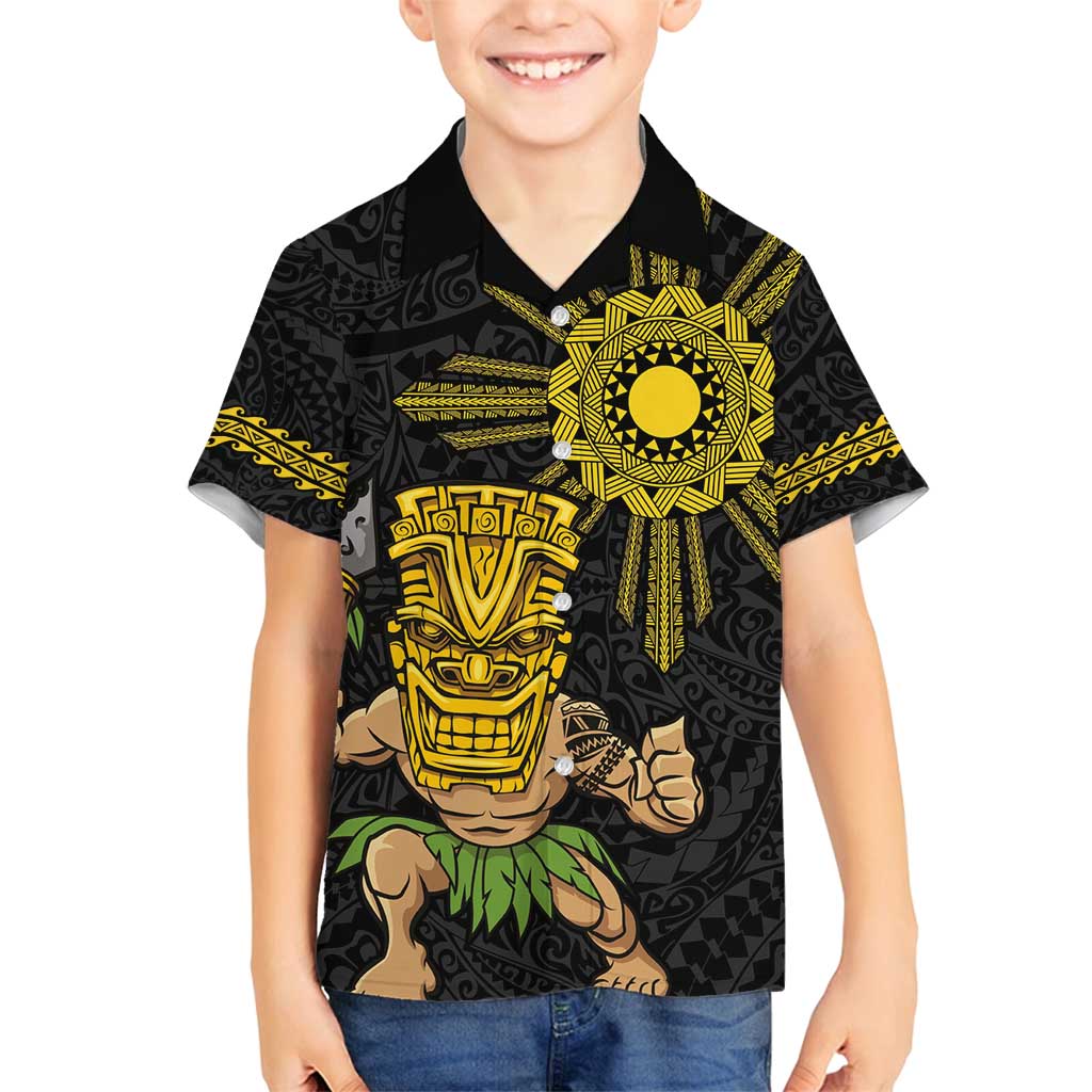 Hawaii and Philippines Together Family Matching Summer Maxi Dress and Hawaiian Shirt Warrior Tiki Mask and Filipino Sun Polynesian Style LT03 Son's Shirt Black - Polynesian Pride