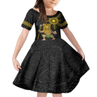 Hawaii and Philippines Together Family Matching Tank Maxi Dress and Hawaiian Shirt Warrior Tiki Mask and Filipino Sun Polynesian Style LT03 Daughter's Dress Black - Polynesian Pride