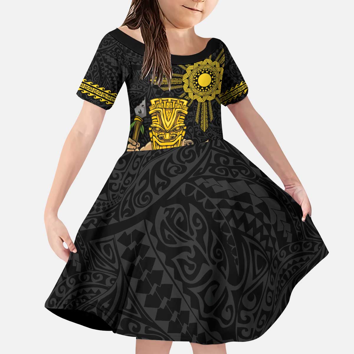 Hawaii and Philippines Together Kid Short Sleeve Dress Warrior Tiki Mask and Filipino Sun Polynesian Style