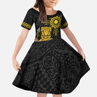 Hawaii and Philippines Together Kid Short Sleeve Dress Warrior Tiki Mask and Filipino Sun Polynesian Style
