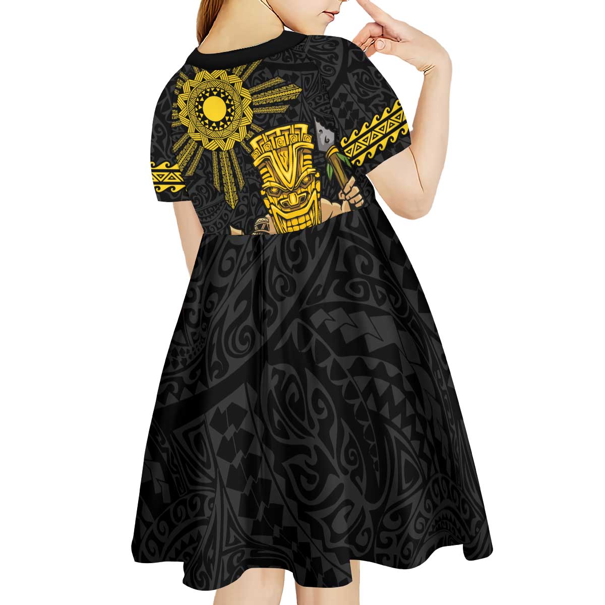 Hawaii and Philippines Together Kid Short Sleeve Dress Warrior Tiki Mask and Filipino Sun Polynesian Style