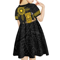 Hawaii and Philippines Together Kid Short Sleeve Dress Warrior Tiki Mask and Filipino Sun Polynesian Style
