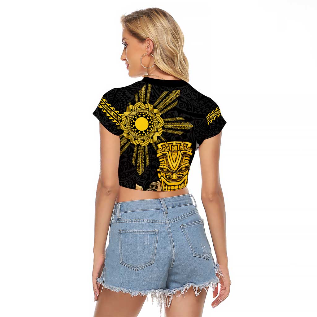 Hawaii and Philippines Together Raglan Cropped T Shirt Warrior Tiki Mask and Filipino Sun Polynesian Style