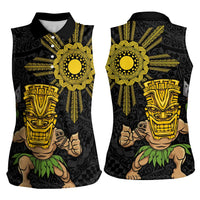 Hawaii and Philippines Together Women Sleeveless Polo Shirt Warrior Tiki Mask and Filipino Sun Polynesian Style LT03 - Polynesian Pride