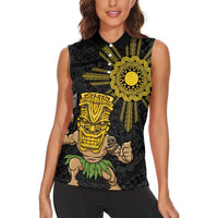 Hawaii and Philippines Together Women Sleeveless Polo Shirt Warrior Tiki Mask and Filipino Sun Polynesian Style LT03 - Polynesian Pride