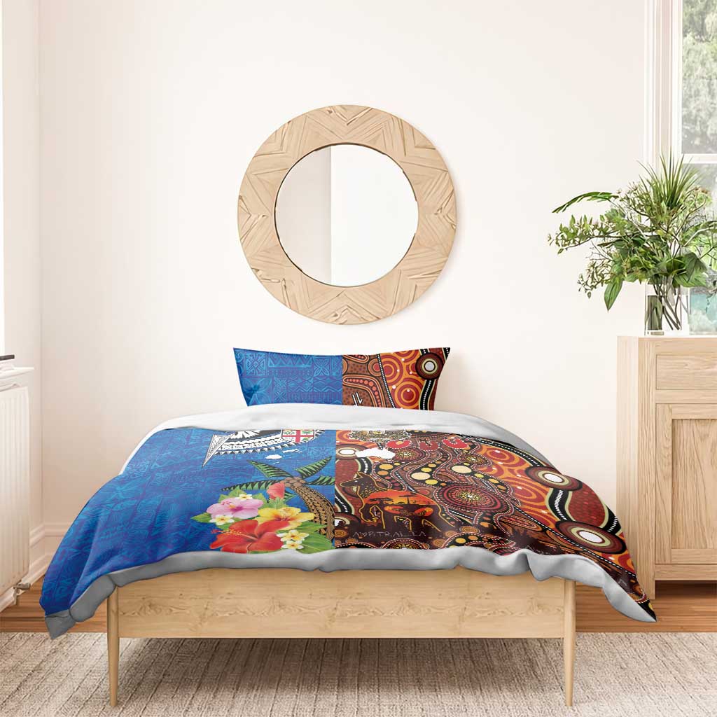 Fiji and Australia Together Bedding Set Fijian Tapa Plants with Kangaroo and Aboriginal - Polynesian Pride