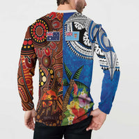 Fiji and Australia Together Button Sweatshirt Fijian Tapa Plants with Kangaroo and Aboriginal - Polynesian Pride