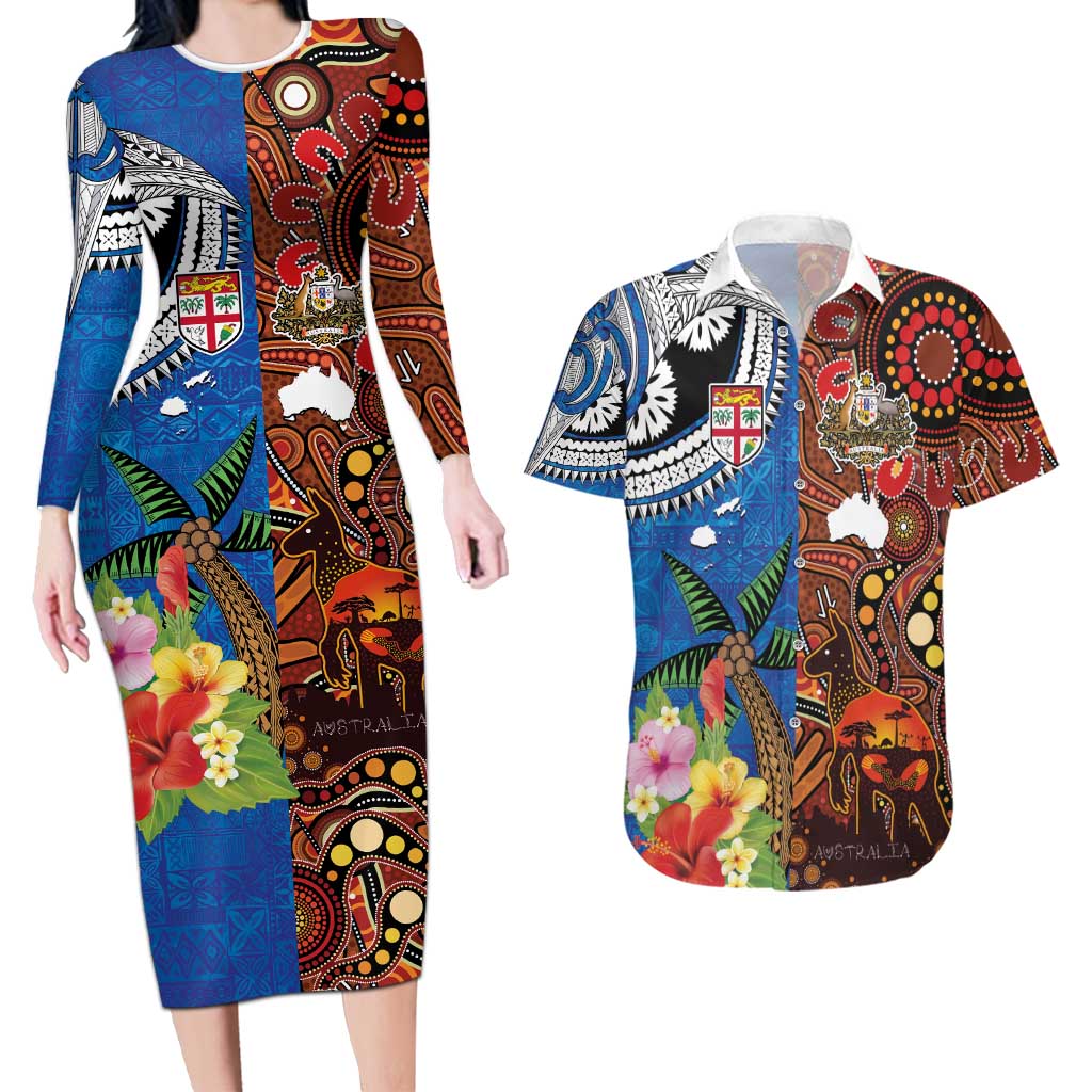 Fiji and Australia Together Couples Matching Long Sleeve Bodycon Dress and Hawaiian Shirt Fijian Tapa Plants with Kangaroo and Aboriginal LT03 Black - Polynesian Pride
